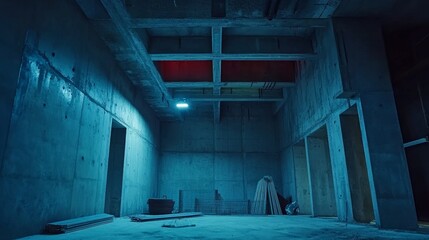Poster - Contemporary Architectural Space With Illuminated Water Features and Contrasting Colors During the Evening Time
