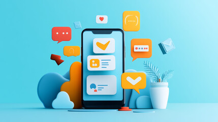 Poster - Hand holds phone with a speech bubbles around vector illustration. Communications icons, text bubble, screen messages around smartphone.
