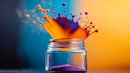 Poster - Jar filled with colorful powder is shown with a splash of color. The jar is filled with a variety of colors, including orange, purple, and blue. The jar is placed on a table