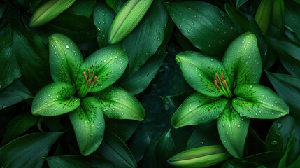 Wall Mural - Lush green lilies with droplets on petals surrounded by vibrant leaves create serene atmosphere. beauty of nature is captured in this tranquil scene