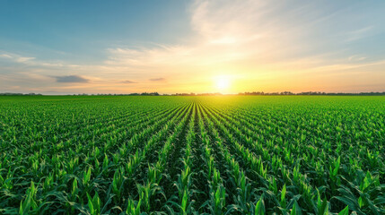 Wall Mural - vibrant cornfield stretches under beautiful sky at sunset, showcasing rows of lush green plants. warm light creates serene and peaceful atmosphere in this agricultural landscape