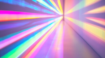 Poster - A captivating display of colorful light beams radiate down a corridor against a pristine white backdrop, creating an atmosphere of joy and wonder