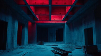 Poster - Contemporary Architectural Space With Illuminated Water Features and Contrasting Colors During the Evening Time