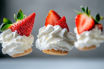 Poster - Three strawberry shortcakes with whipped cream on top. The cakes are in the air, and the whipped cream is floating around them. Concept of lightness and playfulness