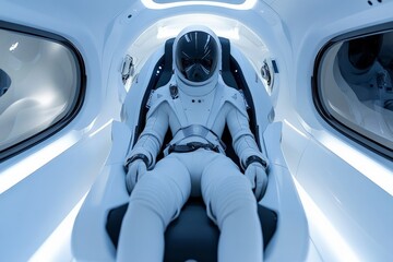 Poster - Astronaut preparing for space travel inside a modern spacecraft capsule at night
