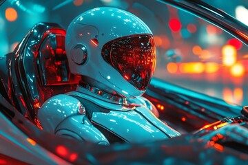 Poster - Futuristic robot pilot in a sleek, illuminated cockpit on a vibrant city street at night