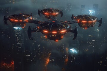 Poster - Futuristic air vehicles hover above a neon-lit cityscape at night