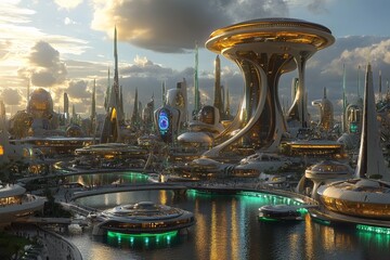 Poster - Futuristic city skyline with advanced architecture and serene waterways at dusk