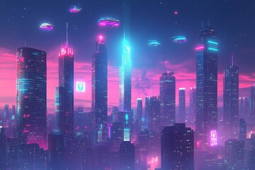 Poster - Vibrant futuristic city with neon lights and hovering vehicles during twilight hours
