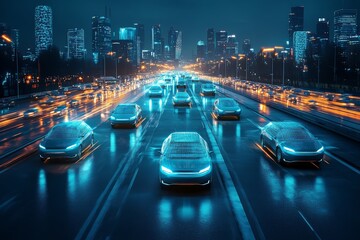 Poster - Futuristic cityscape at night with illuminated autonomous cars on a busy highway