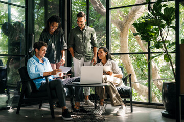 Poster - Mixed team of software engineers brainstorming ideas. Diverse app developers collaborating as group