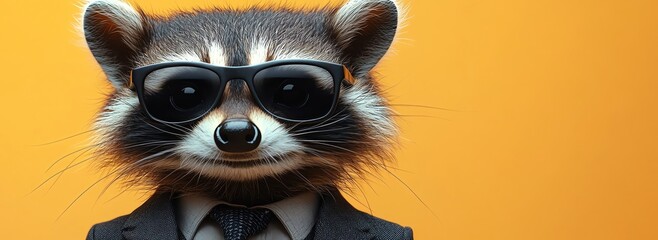 Stylish raccoon wearing a suit, tie, and sunglasses, standing confidently against a neutral background