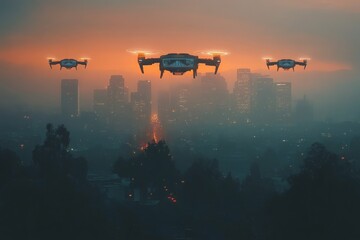 Poster - Drones flying over a misty cityscape during sunset showcasing urban technology and innovation
