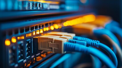 Poster - Network Server Technology Blue Fiber Optic Cables Internet Data Center High Speed Connection Digital Infrastructure Modern Technology Powerful        