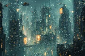 Poster - Futuristic urban landscape with towering skyscrapers and hovering spacecraft in a neon-lit cityscape