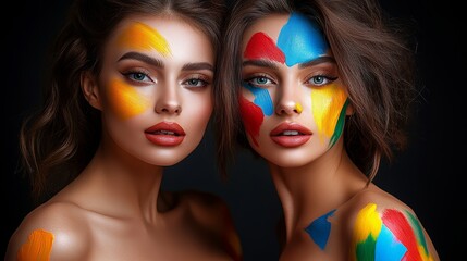 Wall Mural - two women with colorful face paint, one with a blue stripe on her face. the painting is done in a wa