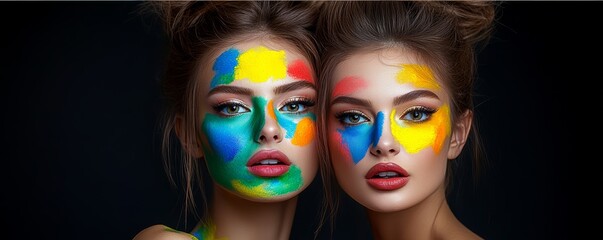 Wall Mural - two women with colorful face paint. one is wearing a blue and yellow face paint. the other is wearin