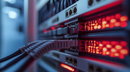 Poster - High Speed Network Server Rack Modern Technology Data Center Powerful Computing Infrastructure Digital Network Cables Red Lights Technology Background