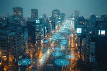 Poster - Illuminated cityscape showing futuristic street design at night in an urban setting