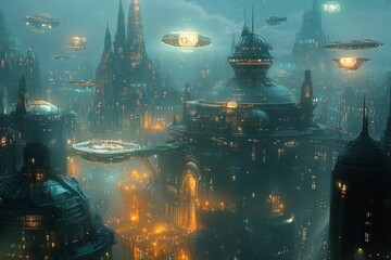 Poster - Futuristic cityscape with hovering crafts and illuminated buildings at twilight