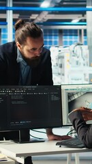 Poster - vertical video photovoltaics factory system administrator coding, presenting progress to manager. so