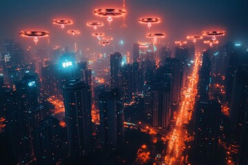 Poster - Drones illuminate a futuristic city skyline with vibrant lights during a misty night sky
