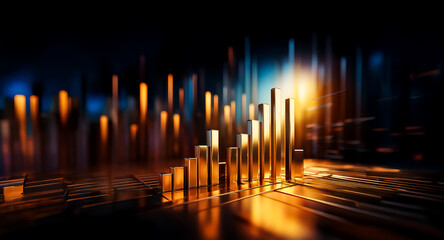 Fototapete - Golden bar chart rising on dark blurry background with highlights. Bars in ascending order suggest growth. Shiny metallic look.