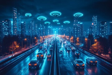 Poster - Futuristic cityscape at night with glowing flying objects over busy highway filled with cars