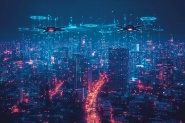 Aufkleber - Futuristic city skyline illuminated by drones at night with vibrant neon lights showcasing urban technology