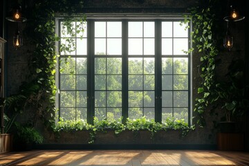 Poster - Sunlight Filters Through Large Windows Onto a Rustic Wall Adorned With Climbing Plants in an Industrial-Style Room During Late Afternoon Hours