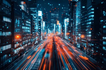 Poster - Nighttime cityscape with light trails from busy traffic in a modern urban area