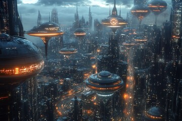 Poster - Futuristic city skyline at dusk with hovering structures and illuminated streets