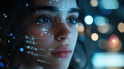 Poster - Futuristic Woman Digital Art Blue Lights Abstract Face Technology Cyberpunk Style Portrait Modern Design Innovative Girl Neural Network Artificial    