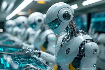 Poster - Future technology showcased by humanoid robots interacting with advanced touchscreen interfaces in a modern lab environment