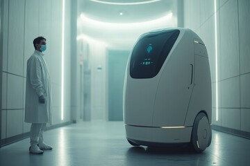 Poster - robot assistant interacts with a technician in a modern facility during a technology demonstration
