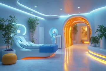 Aufkleber - Futuristic hospital room featuring advanced technology and soothing light design at a modern healthcare facility