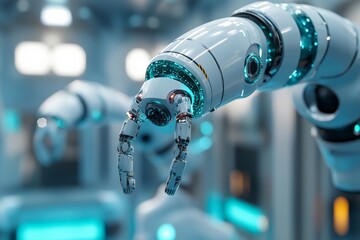 Poster - Advanced robotic hand showcases precision and innovation in a modern technology setting