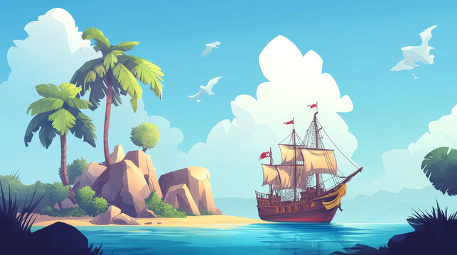 Lonely pirate harbour ocean sea, ship raider moored isle, gold money treasure island, bandit shelter flat vector illustration.
