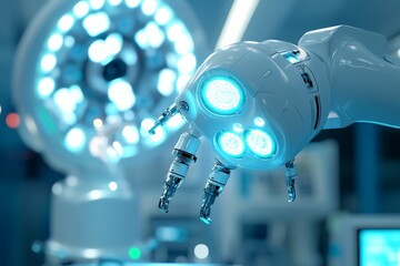 Poster - Robot hand prepares for intricate tasks inside a modern surgical suite with advanced technology
