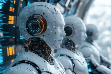 Aufkleber - Futuristic robotic figures in a high-tech environment showcasing advanced technology and design concepts