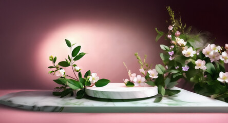 Wall Mural - Elegant podium display with floral accents on a marble base, set against a soft pink backdrop. Ideal for showcasing beauty or cosmetic products.