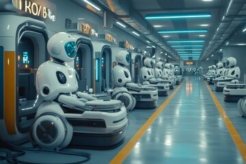 Aufkleber - Robots in futuristic storage facility lined up with advanced technology in a high-tech environment