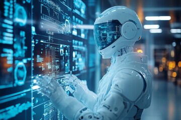 Aufkleber - Futuristic robot interacting with holographic displays in a high-tech environment