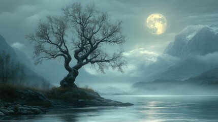 Wall Mural - Serene moonlit lake, solitary twisted tree, misty mountains.