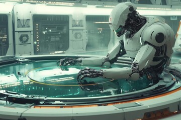 Fototapete - Robot carefully examines a holographic interface in a futuristic lab setting during a high-tech operation