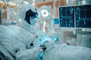Poster - advanced humanoid robot patient undergoing medical monitoring in a high-tech healthcare facility at 
