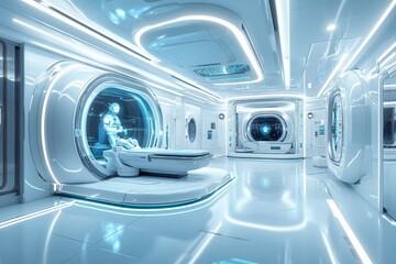 Aufkleber - Futuristic laboratory featuring advanced robotics and sleek design in a sterile environment