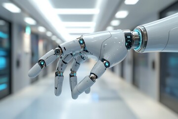 Aufkleber - Robotic hand reaches out in a modern technological hallway in a futuristic setting