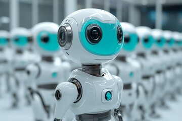 Aufkleber - Multiple futuristic robots with friendly faces displayed in a modern technology exhibit during a public event