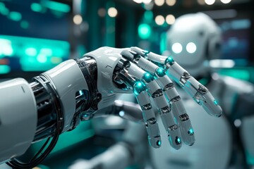 Fototapete - Robotic hand reaching out in a futuristic laboratory environment showcasing advanced technology and artificial intelligence